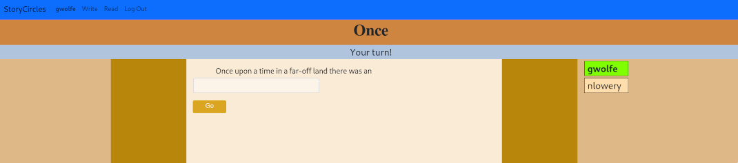 A story that begins 'Once upon a time in a far-off land there was an...' with an input box for the next word, being worked on by users 'nlowery' and 'gwolfe'